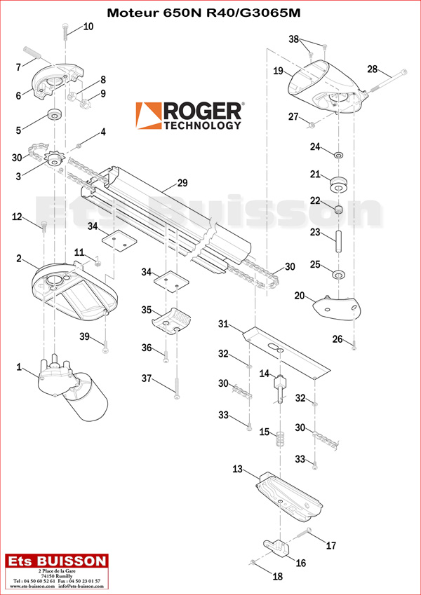 Vue éclatée du moteur
de porte de garage Roger Technology
R40