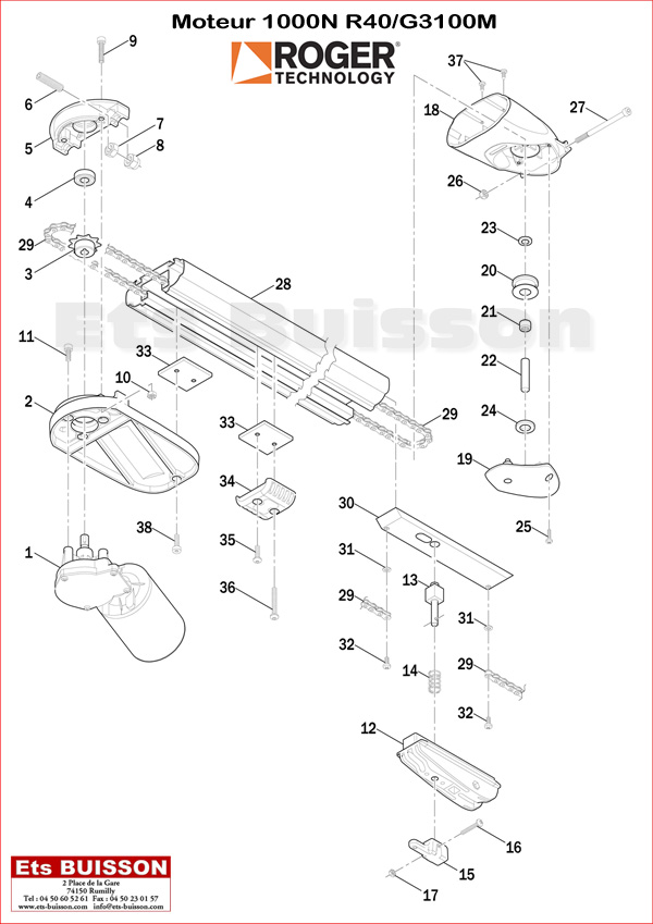 Vue éclatée du moteur
de porte de garage Roger Technology
R40