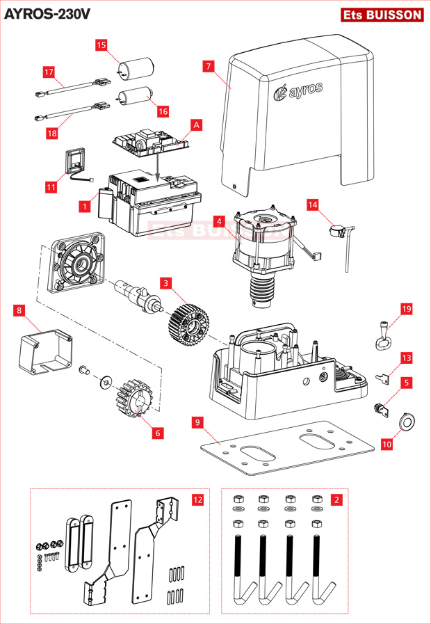 Vue éclatée du moteur coulissant V2 Ayros